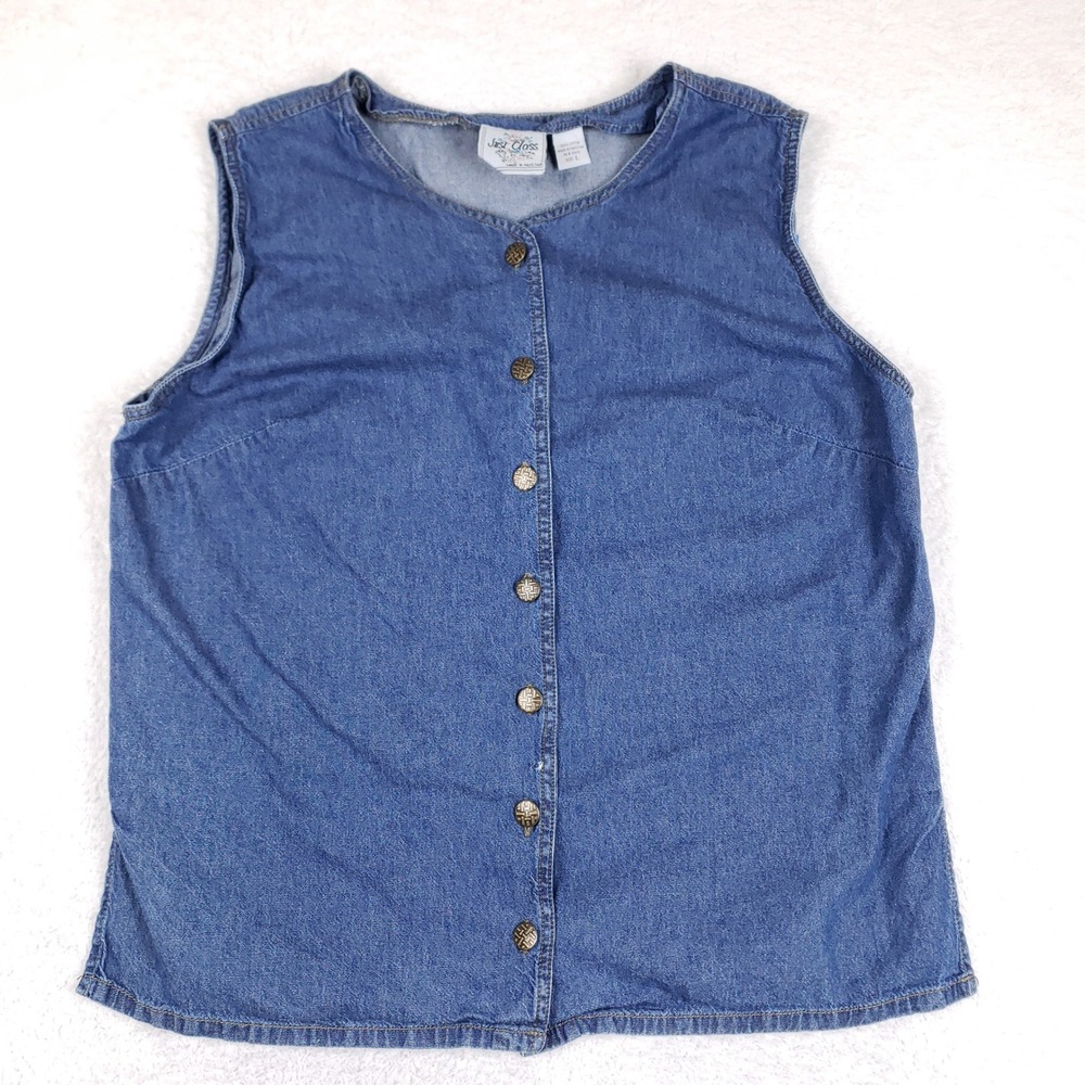 Just Class Vintage Denim Vest Blue Cotton Button Front Sleeveless Top Large